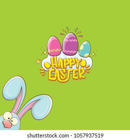 happy easter bunny with calligraphic text, clouds , rainbow and color easter eggs isolated on green background. vector easter greeting card with blue rabbits ears. Design elements set