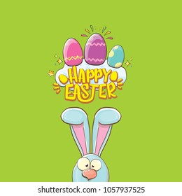 happy easter bunny with calligraphic text, clouds , rainbow and color easter eggs isolated on green background. vector easter greeting card with blue rabbits ears. Design elements set