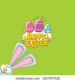happy easter bunny with calligraphic text, clouds , rainbow and color easter eggs isolated on green background. vector easter greeting card with blue rabbits ears. Design elements set