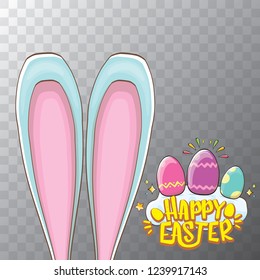 happy easter bunny with calligraphic text, clouds , rainbow and color easter eggs isolated on transparent background. vector easter greeting card with blue rabbits ears. Design elements set