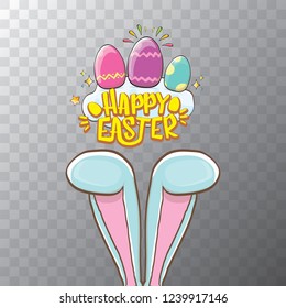 happy easter bunny with calligraphic text, clouds , rainbow and color easter eggs isolated on transparent background. vector easter greeting card with blue rabbits ears. Design elements set