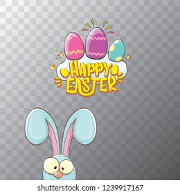 happy easter bunny with calligraphic text, clouds , rainbow and color easter eggs isolated on transparent background. vector easter greeting card with blue rabbits ears. Design elements set