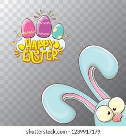 happy easter bunny with calligraphic text, clouds , rainbow and color easter eggs isolated on transparent background. vector easter greeting card with blue rabbits ears. Design elements set