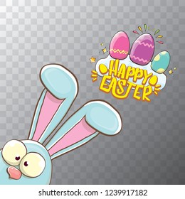 happy easter bunny with calligraphic text, clouds , rainbow and color easter eggs isolated on transparent background. vector easter greeting card with blue rabbits ears. Design elements set