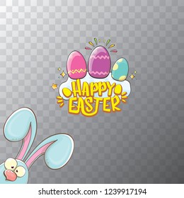 happy easter bunny with calligraphic text, clouds , rainbow and color easter eggs isolated on transparent background. vector easter greeting card with blue rabbits ears. Design elements set
