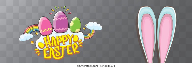 happy easter bunny with calligraphic text, clouds , rainbow and color easter eggs isolated on horizontal banner background. vector easter greeting card with blue rabbits ears. Design elements set