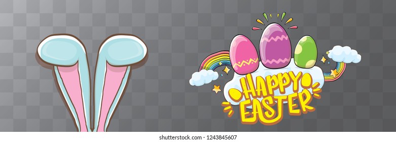 happy easter bunny with calligraphic text, clouds , rainbow and color easter eggs isolated on horizontal banner background. vector easter greeting card with blue rabbits ears. Design elements set