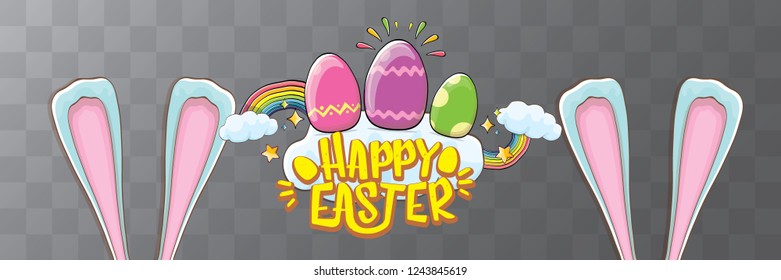 happy easter bunny with calligraphic text, clouds , rainbow and color easter eggs isolated on horizontal banner background. vector easter greeting card with blue rabbits ears. Design elements set