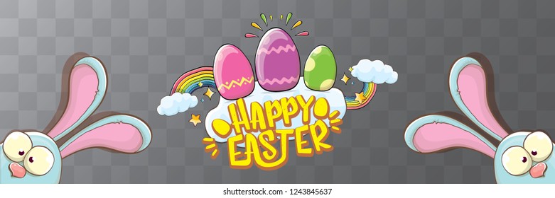 happy easter bunny with calligraphic text, clouds , rainbow and color easter eggs isolated on horizontal banner background. vector easter greeting card with blue rabbits ears. Design elements set