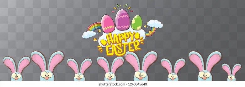 happy easter bunny with calligraphic text, clouds , rainbow and color easter eggs isolated on horizontal banner background. vector easter greeting card with blue rabbits ears. Design elements set
