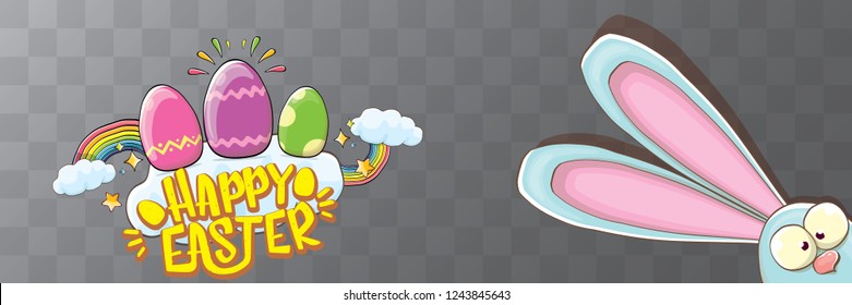 happy easter bunny with calligraphic text, clouds , rainbow and color easter eggs isolated on horizontal banner background. vector easter greeting card with blue rabbits ears. Design elements set