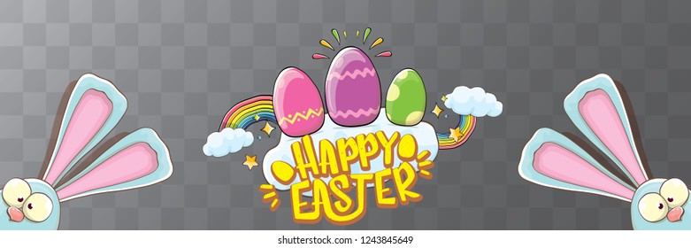 happy easter bunny with calligraphic text, clouds , rainbow and color easter eggs isolated on horizontal banner background. vector easter greeting card with blue rabbits ears. Design elements set