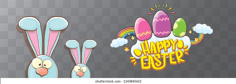 happy easter bunny with calligraphic text, clouds , rainbow and color easter eggs isolated on horizontal banner background. vector easter greeting card with blue rabbits ears. Design elements set