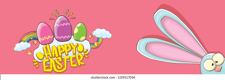 happy easter bunny with calligraphic text, clouds , rainbow and color easter eggs isolated on horizontal banner background. vector easter greeting card with blue rabbits ears. Design elements set