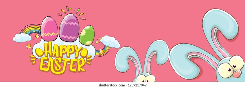 happy easter bunny with calligraphic text, clouds , rainbow and color easter eggs isolated on horizontal banner background. vector easter greeting card with blue rabbits ears. Design elements set