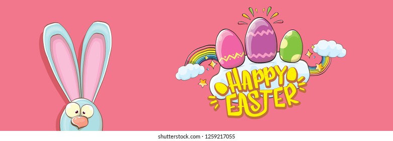 happy easter bunny with calligraphic text, clouds , rainbow and color easter eggs isolated on horizontal banner background. vector easter greeting card with blue rabbits ears. Design elements set