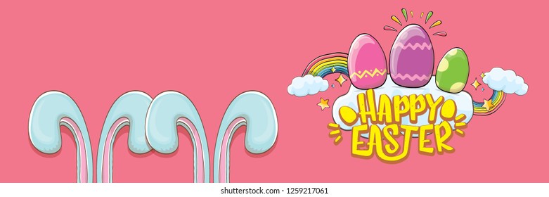happy easter bunny with calligraphic text, clouds , rainbow and color easter eggs isolated on horizontal banner background. vector easter greeting card with blue rabbits ears. Design elements set