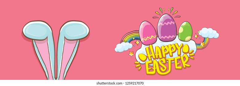happy easter bunny with calligraphic text, clouds , rainbow and color easter eggs isolated on horizontal banner background. vector easter greeting card with blue rabbits ears. Design elements set