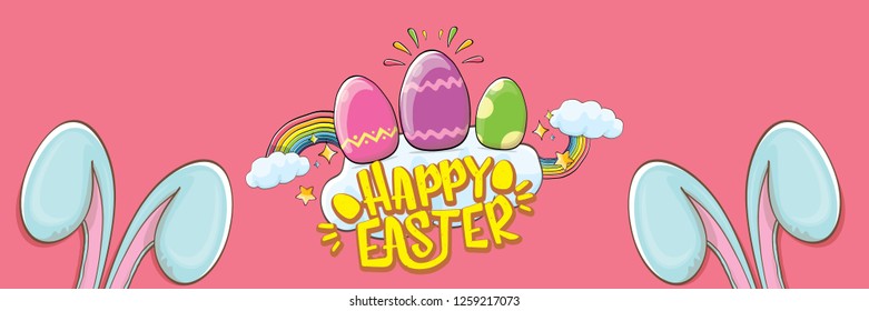 happy easter bunny with calligraphic text, clouds , rainbow and color easter eggs isolated on horizontal banner background. vector easter greeting card with blue rabbits ears. Design elements set