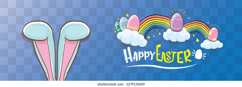 happy easter bunny with calligraphic text, clouds , rainbow and color easter eggs isolated on horizontal banner background. vector easter greeting card with blue rabbits ears. Design elements set