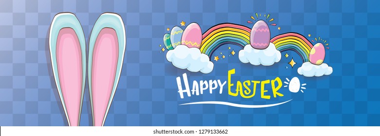 happy easter bunny with calligraphic text, clouds , rainbow and color easter eggs isolated on horizontal banner background. vector easter greeting card with blue rabbits ears. Design elements set