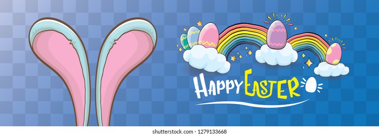 happy easter bunny with calligraphic text, clouds , rainbow and color easter eggs isolated on horizontal banner background. vector easter greeting card with blue rabbits ears. Design elements set