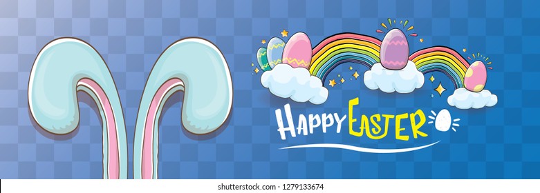 happy easter bunny with calligraphic text, clouds , rainbow and color easter eggs isolated on horizontal banner background. vector easter greeting card with blue rabbits ears. Design elements set