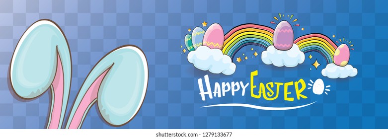 happy easter bunny with calligraphic text, clouds , rainbow and color easter eggs isolated on horizontal banner background. vector easter greeting card with blue rabbits ears. Design elements set