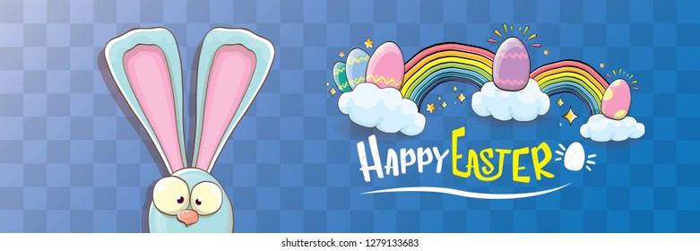 happy easter bunny with calligraphic text, clouds , rainbow and color easter eggs isolated on horizontal banner background. vector easter greeting card with blue rabbits ears. Design elements set