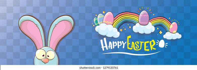 happy easter bunny with calligraphic text, clouds , rainbow and color easter eggs isolated on horizontal banner background. vector easter greeting card with blue rabbits ears. Design elements set