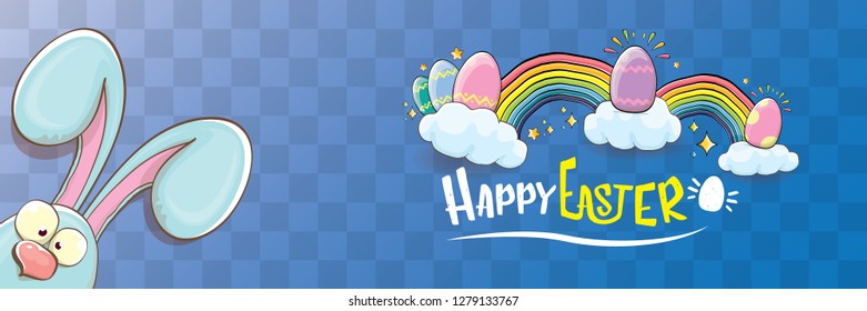 happy easter bunny with calligraphic text, clouds , rainbow and color easter eggs isolated on horizontal banner background. vector easter greeting card with blue rabbits ears. Design elements set