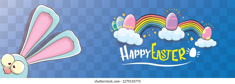 happy easter bunny with calligraphic text, clouds , rainbow and color easter eggs isolated on horizontal banner background. vector easter greeting card with blue rabbits ears. Design elements set