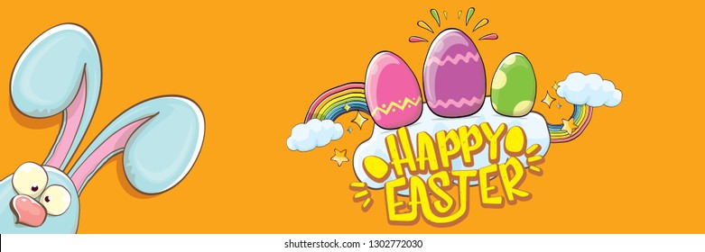 happy easter bunny with calligraphic text, clouds , rainbow and color easter eggs isolated on horizontal banner background. vector easter greeting card with blue rabbits ears. Design elements set