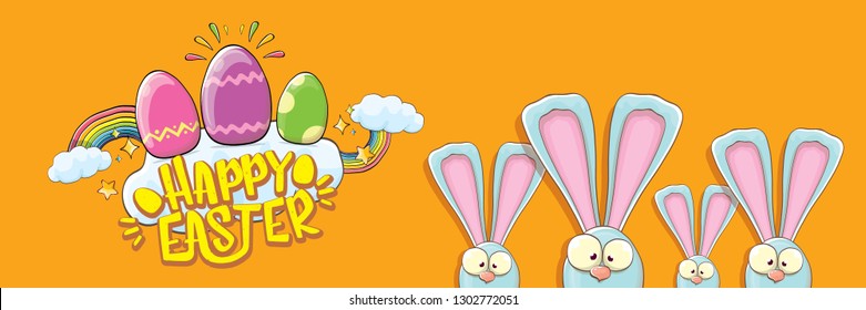 happy easter bunny with calligraphic text, clouds , rainbow and color easter eggs isolated on horizontal banner background. vector easter greeting card with blue rabbits ears. Design elements set