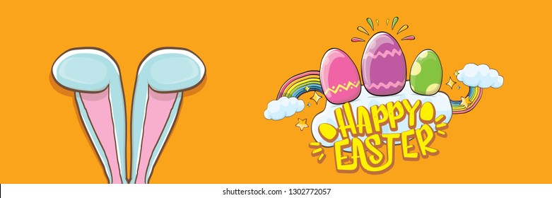 happy easter bunny with calligraphic text, clouds , rainbow and color easter eggs isolated on horizontal banner background. vector easter greeting card with blue rabbits ears. Design elements set