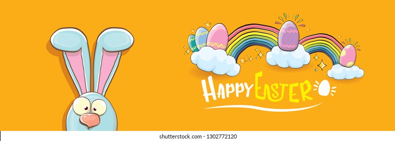 happy easter bunny with calligraphic text, clouds , rainbow and color easter eggs isolated on horizontal banner background. vector easter greeting card with blue rabbits ears. Design elements set
