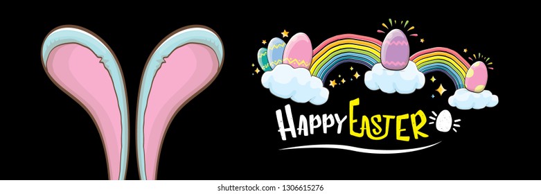 happy easter bunny with calligraphic text, clouds , rainbow and color easter eggs isolated on horizontal banner background. vector easter greeting card with blue rabbits ears. Design elements set