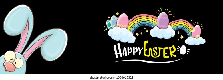 happy easter bunny with calligraphic text, clouds , rainbow and color easter eggs isolated on horizontal banner background. vector easter greeting card with blue rabbits ears. Design elements set
