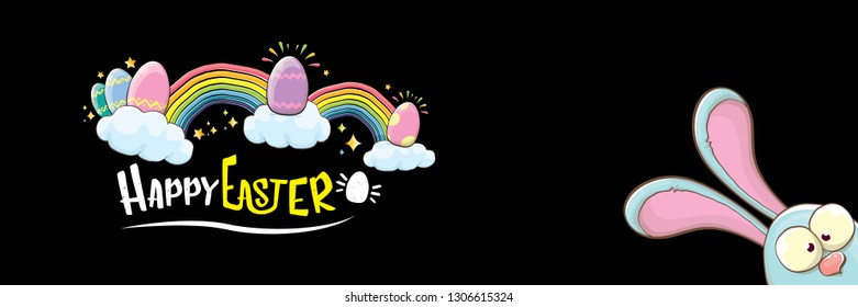 happy easter bunny with calligraphic text, clouds , rainbow and color easter eggs isolated on horizontal banner background. vector easter greeting card with blue rabbits ears. Design elements set