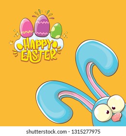 happy easter bunny with calligraphic text, clouds , rainbow and color easter eggs isolated on orange background. vector easter greeting card with blue rabbits ears. Design elements set