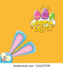 happy easter bunny with calligraphic text, clouds , rainbow and color easter eggs isolated on orange background. vector easter greeting card with blue rabbits ears. Design elements set