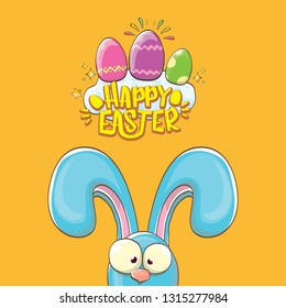 happy easter bunny with calligraphic text, clouds , rainbow and color easter eggs isolated on orange background. vector easter greeting card with blue rabbits ears. Design elements set