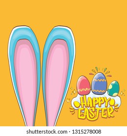 happy easter bunny with calligraphic text, clouds , rainbow and color easter eggs isolated on orange background. vector easter greeting card with blue rabbits ears. Design elements set