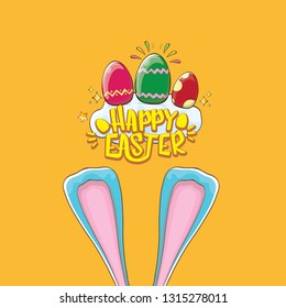 happy easter bunny with calligraphic text, clouds , rainbow and color easter eggs isolated on orange background. vector easter greeting card with blue rabbits ears. Design elements set