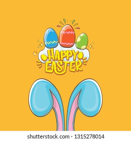 happy easter bunny with calligraphic text, clouds , rainbow and color easter eggs isolated on orange background. vector easter greeting card with blue rabbits ears. Design elements set