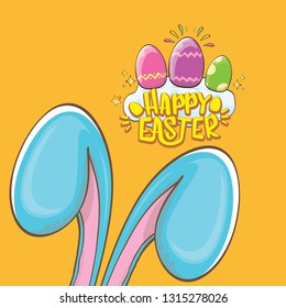happy easter bunny with calligraphic text, clouds , rainbow and color easter eggs isolated on orange background. vector easter greeting card with blue rabbits ears. Design elements set