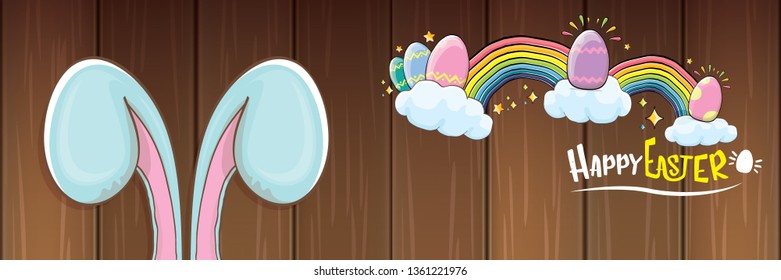 happy easter bunny with calligraphic text, clouds , rainbow and color easter eggs isolated on horizontal banner background. vector easter greeting card with blue rabbits ears. Design elements set 
