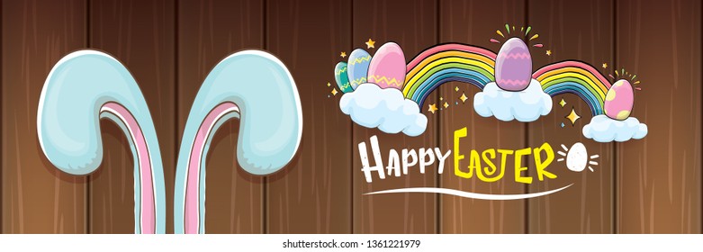 happy easter bunny with calligraphic text, clouds , rainbow and color easter eggs isolated on horizontal banner background. vector easter greeting card with blue rabbits ears. Design elements set 