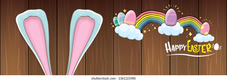 happy easter bunny with calligraphic text, clouds , rainbow and color easter eggs isolated on horizontal banner background. vector easter greeting card with blue rabbits ears. Design elements set 