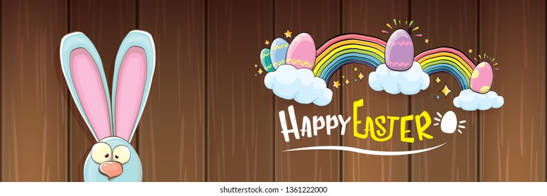 happy easter bunny with calligraphic text, clouds , rainbow and color easter eggs isolated on horizontal banner background. vector easter greeting card with blue rabbits ears. Design elements set 